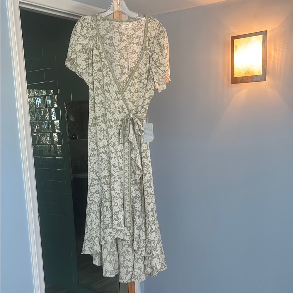 Max Studio Cream and Green Wrap Sundress with Flutter Sleeves